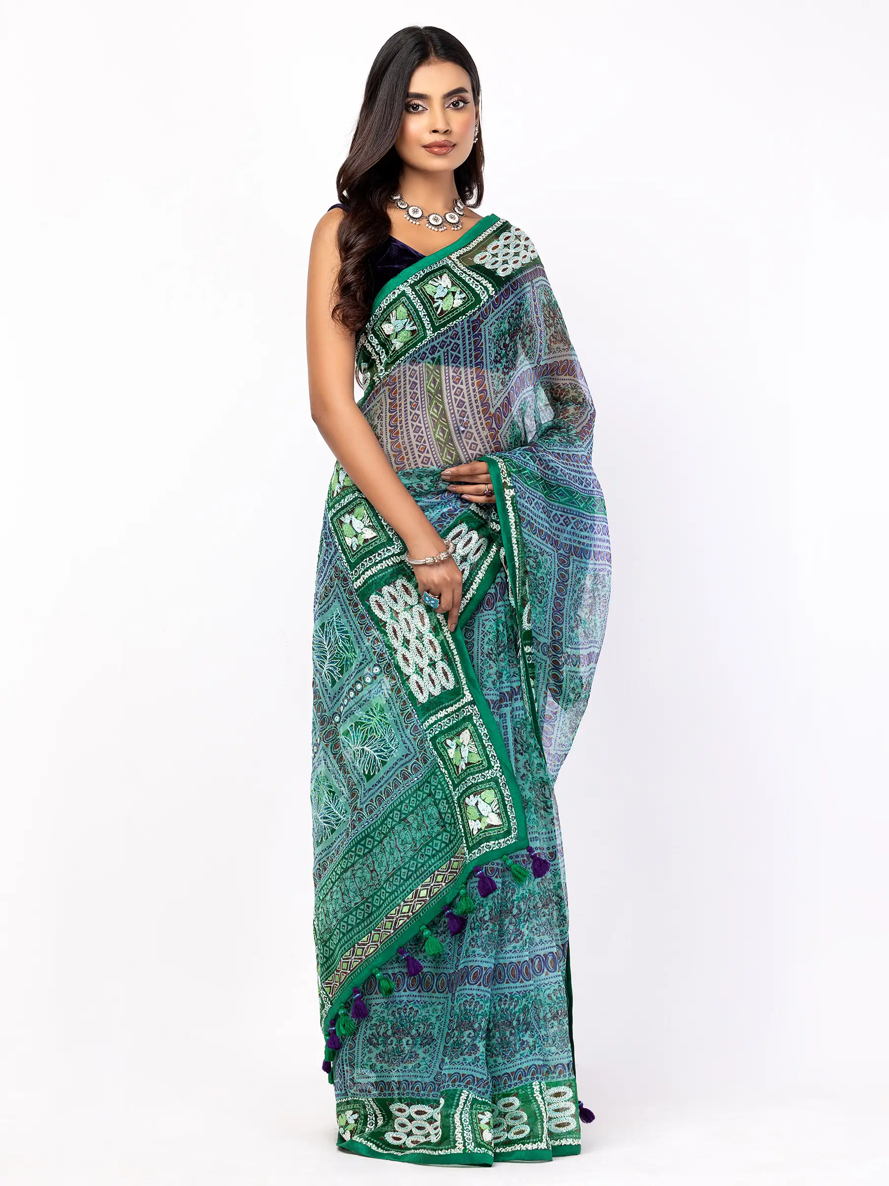 Green Printed and Embroidered Muslin Saree