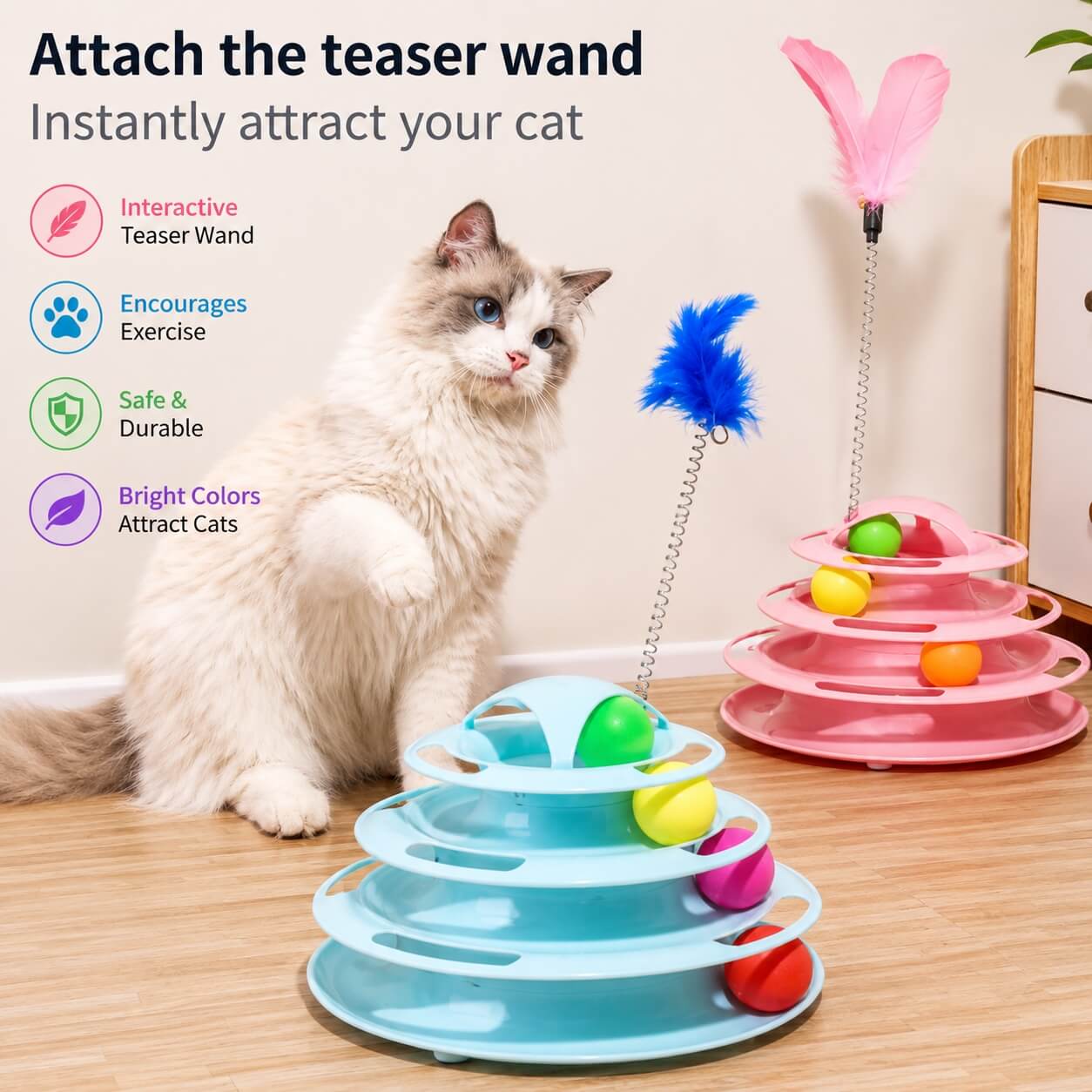  Cat Tower Tracks Ball Pet Toys with Spring Feather with 4 Moveable Balls