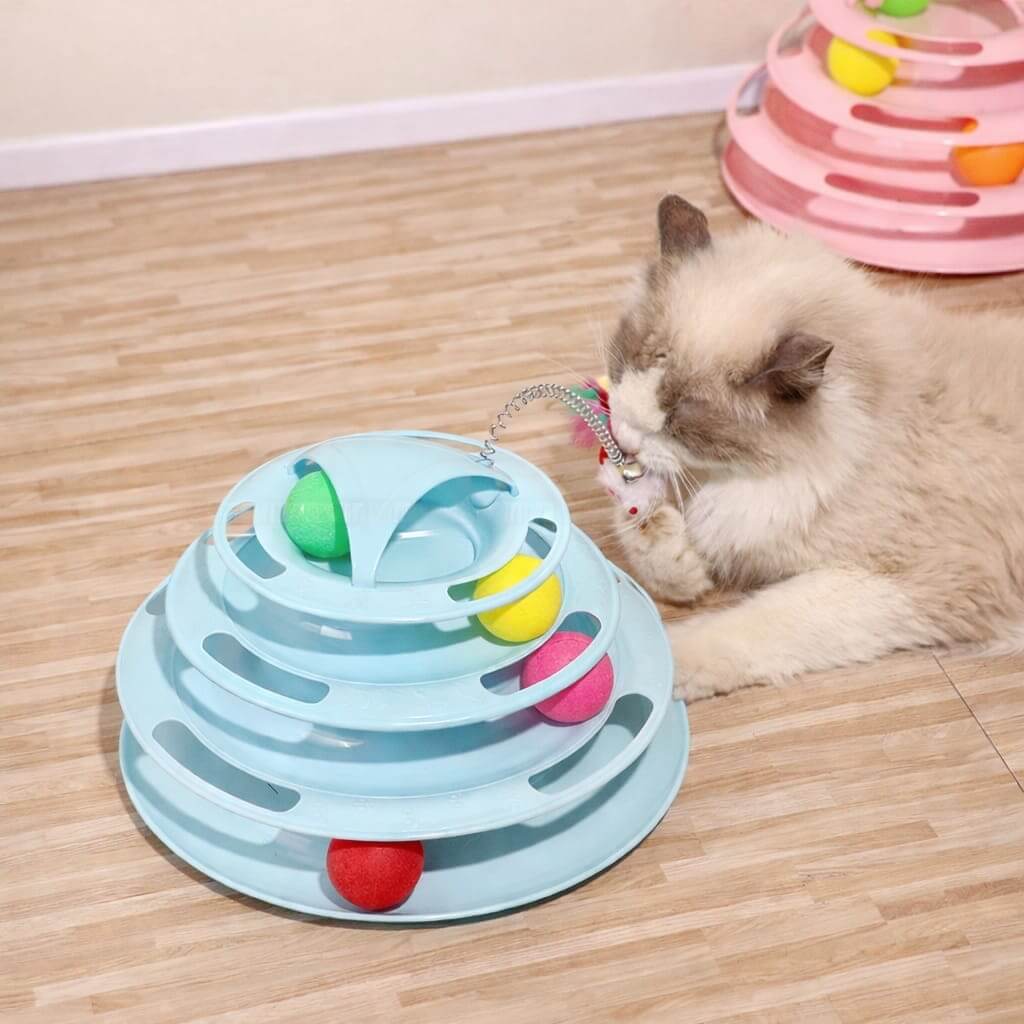 Cat Tower Tracks Ball Pet Toys with Spring Feather with 4 Moveable Balls