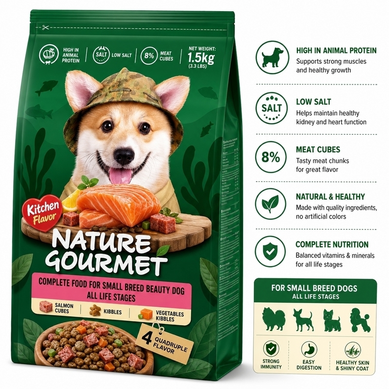 itchenFlavor Nature Gourmet Salmon Complete Dog Food for Small Breed Beauty 1.5 kg