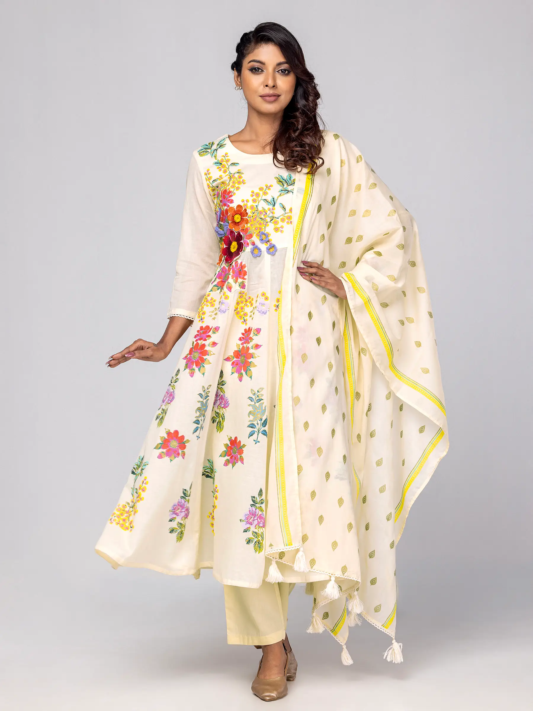 Ivory Printed and Embroidered Voile Shalwar Kameez